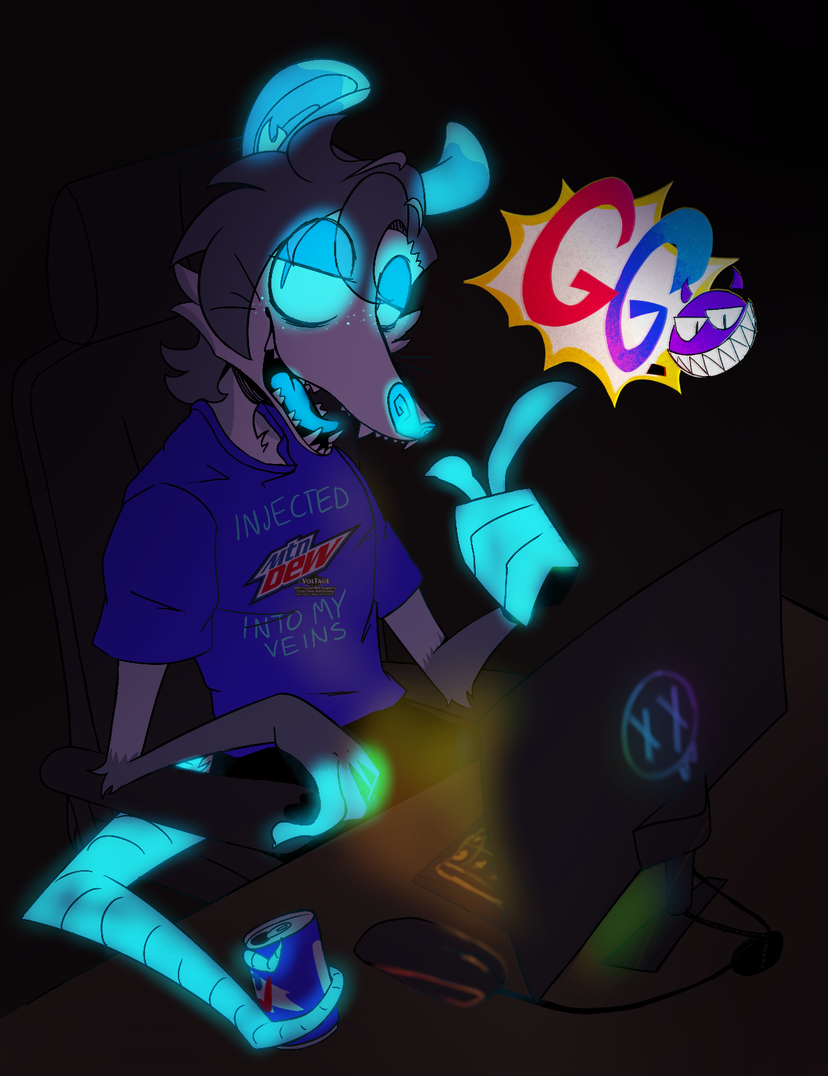 Jexx in a dark room, sitting in an office chair at a desk with a RGB-light up keyboard, mouse, and computer monitor. His skin and eyes are glowing blue. He's wearing a shirt that says 'I injected Mountain Dew Voltage into my veins.' He's holding a can of the soda with his tail. He has an open mouth smirk and is raising one finger up, with a speech bubble next to him that says 'GG'.